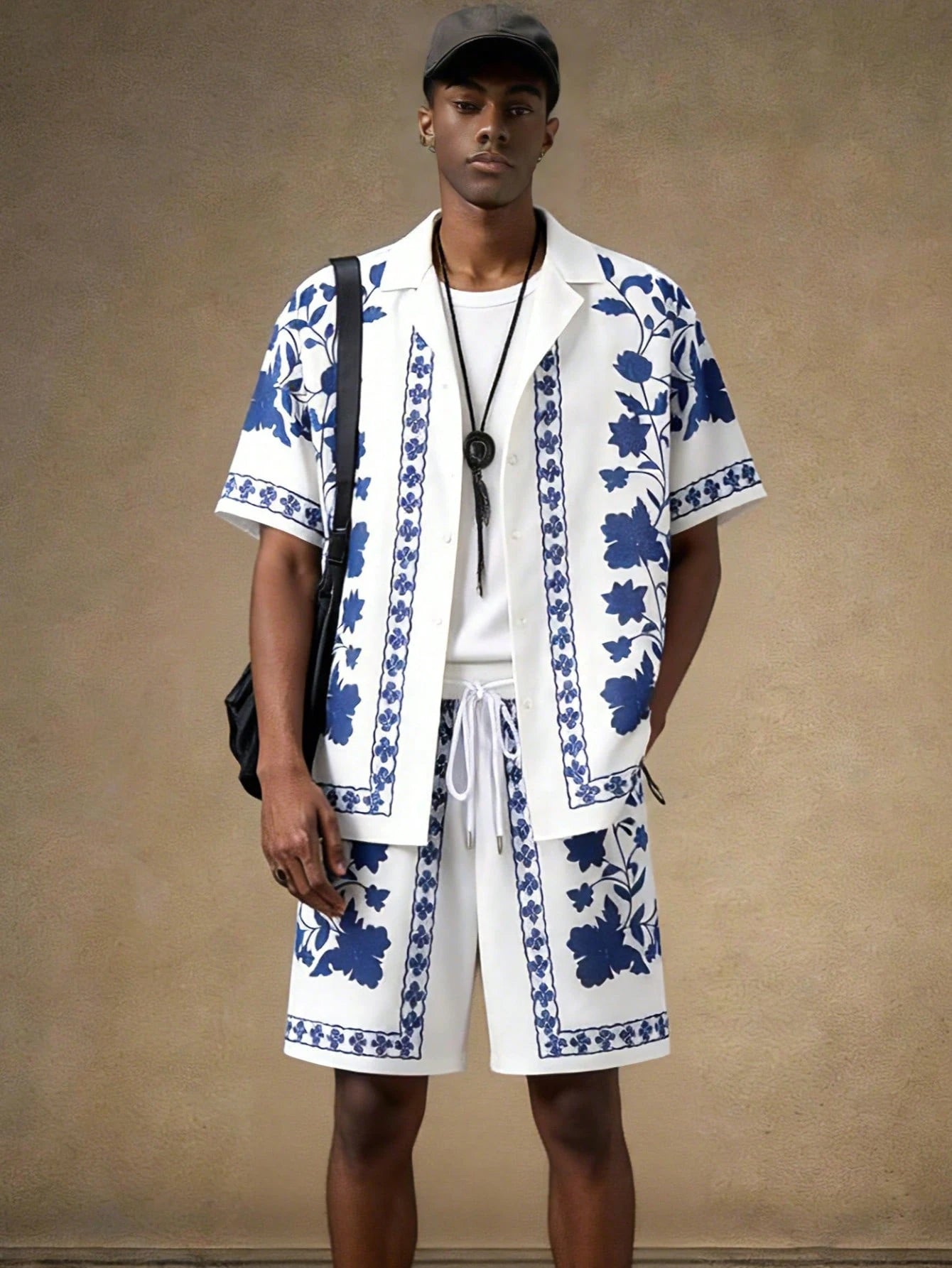 Men’s White & Blue Printed Co-Ord Set