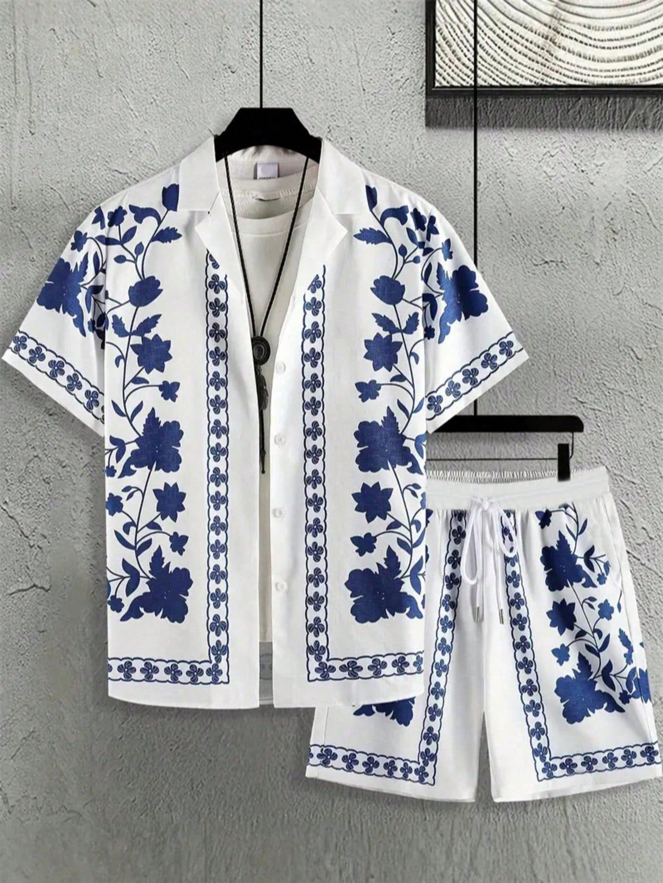 Men’s White & Blue Printed Co-Ord Set