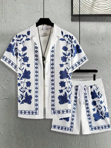 Men’s White & Blue Printed Co-Ord Set